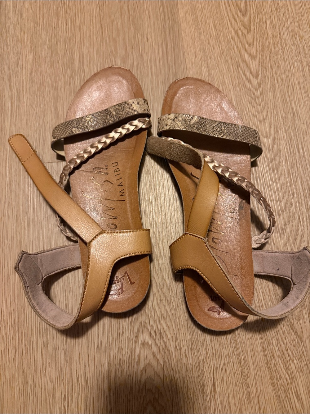 Vionic Tan and Snake-Print Braided Strap Sandals